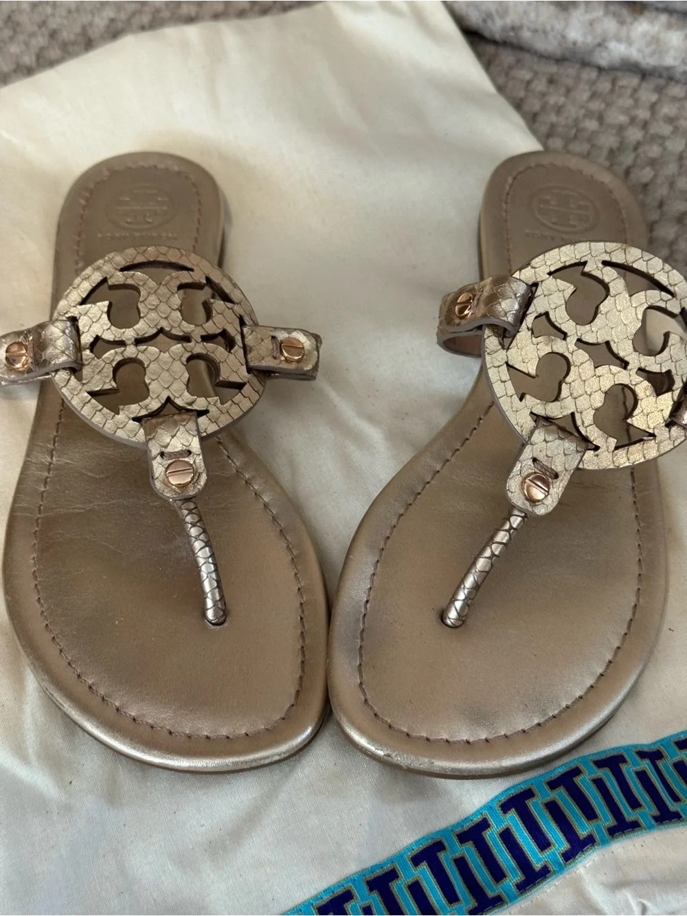 Tory Burch Gold Metallic Logo Thong Sandals